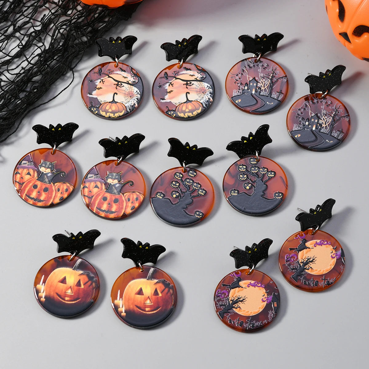 Creative Halloween Fun Cartoon Pumpkin Ghost Little Black Cat Earrings High End Dark Style Acrylic Earrings Suitable for Daily V