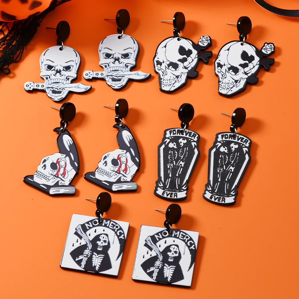 A pair of fashionable hanging earrings for women, creative Halloween dark series cartoon horror ghost coffin skull acrylic earri